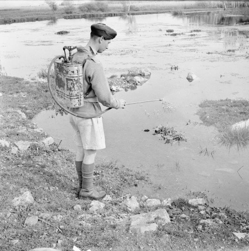British Army Officer spraying Paris Green into a stagnant pool in Syria in order to preclude Malaria, 1942
